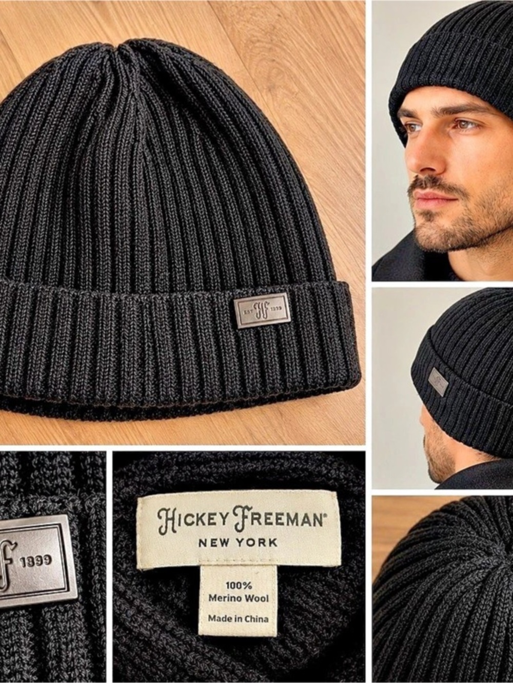 Hickey Freeman Merino Wool Ribbed Cuff Beanie Black